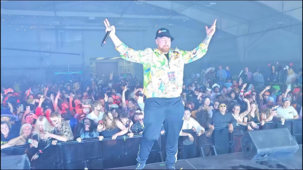 DJ on stage with both arms raised above a packed crowd